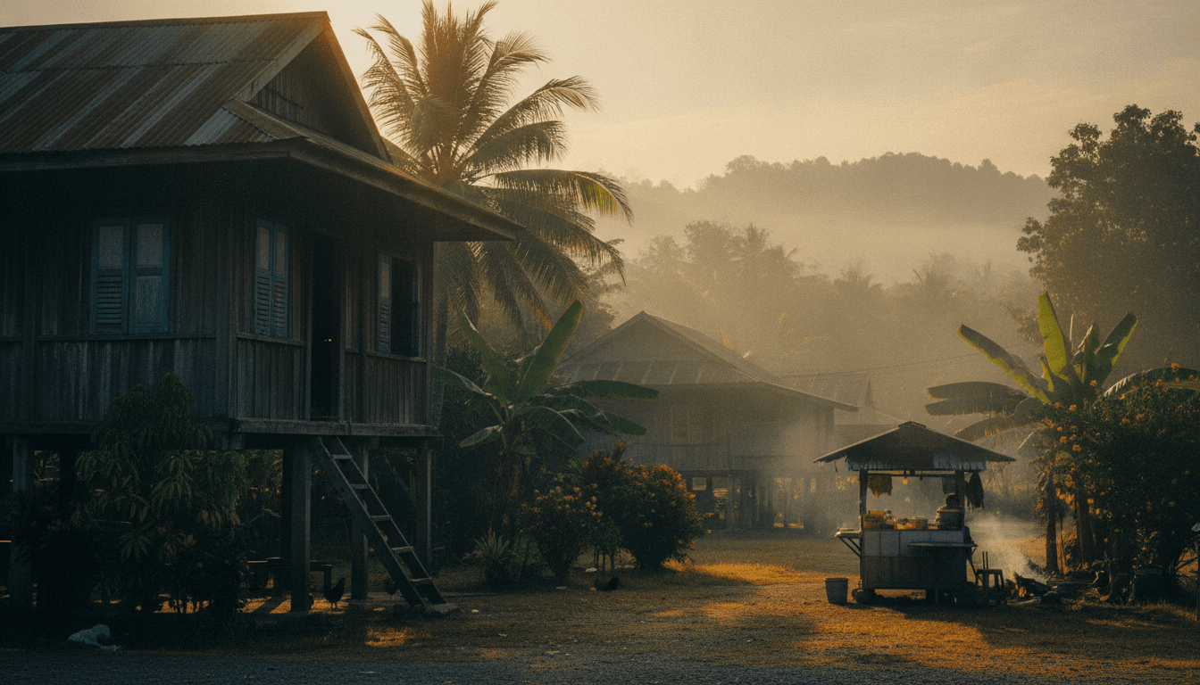 A traditional Malaysian kampung scene at golden morning light