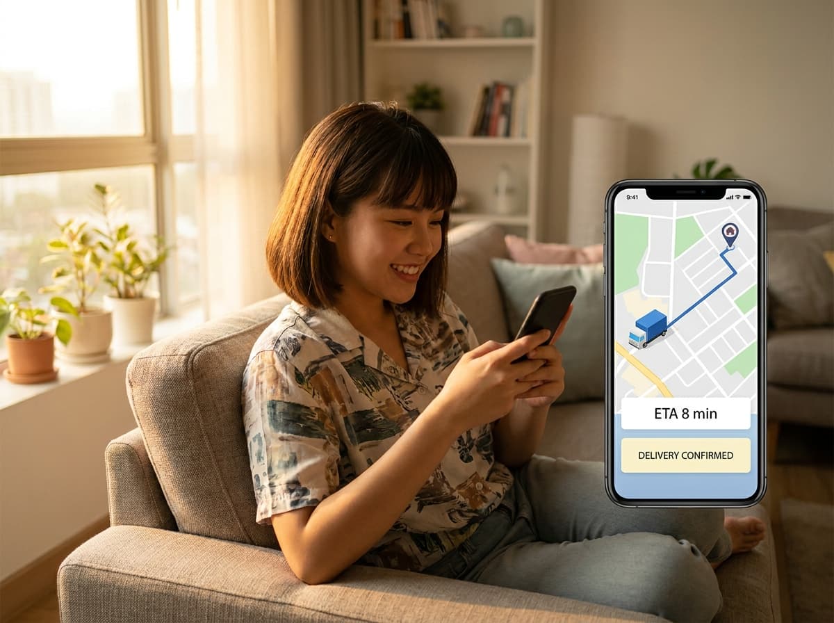 The customer — live tracking link, ETA in minutes
