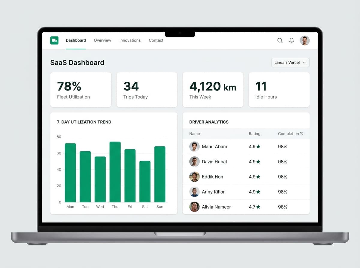 Fleet analytics — utilization, trips, km, idle hours, driver leaderboard, all in one dashboard.