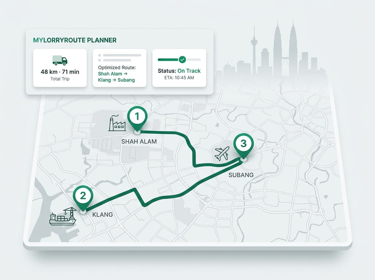 Route planning — plug in your stops, Minilorry optimizes for fuel and shortest run.