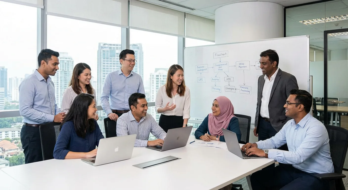 A diverse team of Malaysian professionals working together in a modern office.