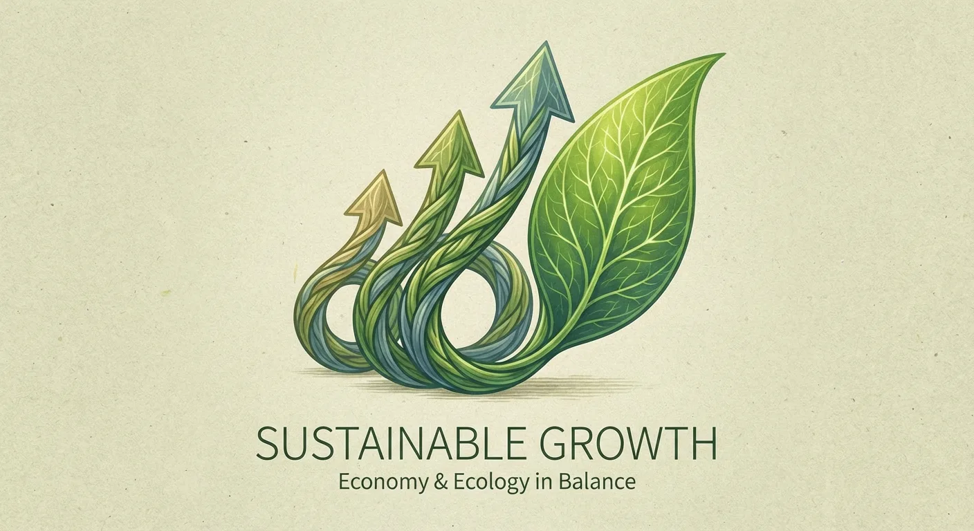 A graphic showing upward arrows intertwined with a green leaf, symbolising sustainable growth.