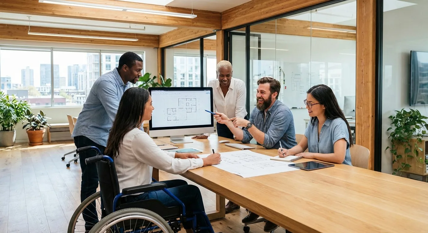 A group of diverse professionals working together in a modern office.