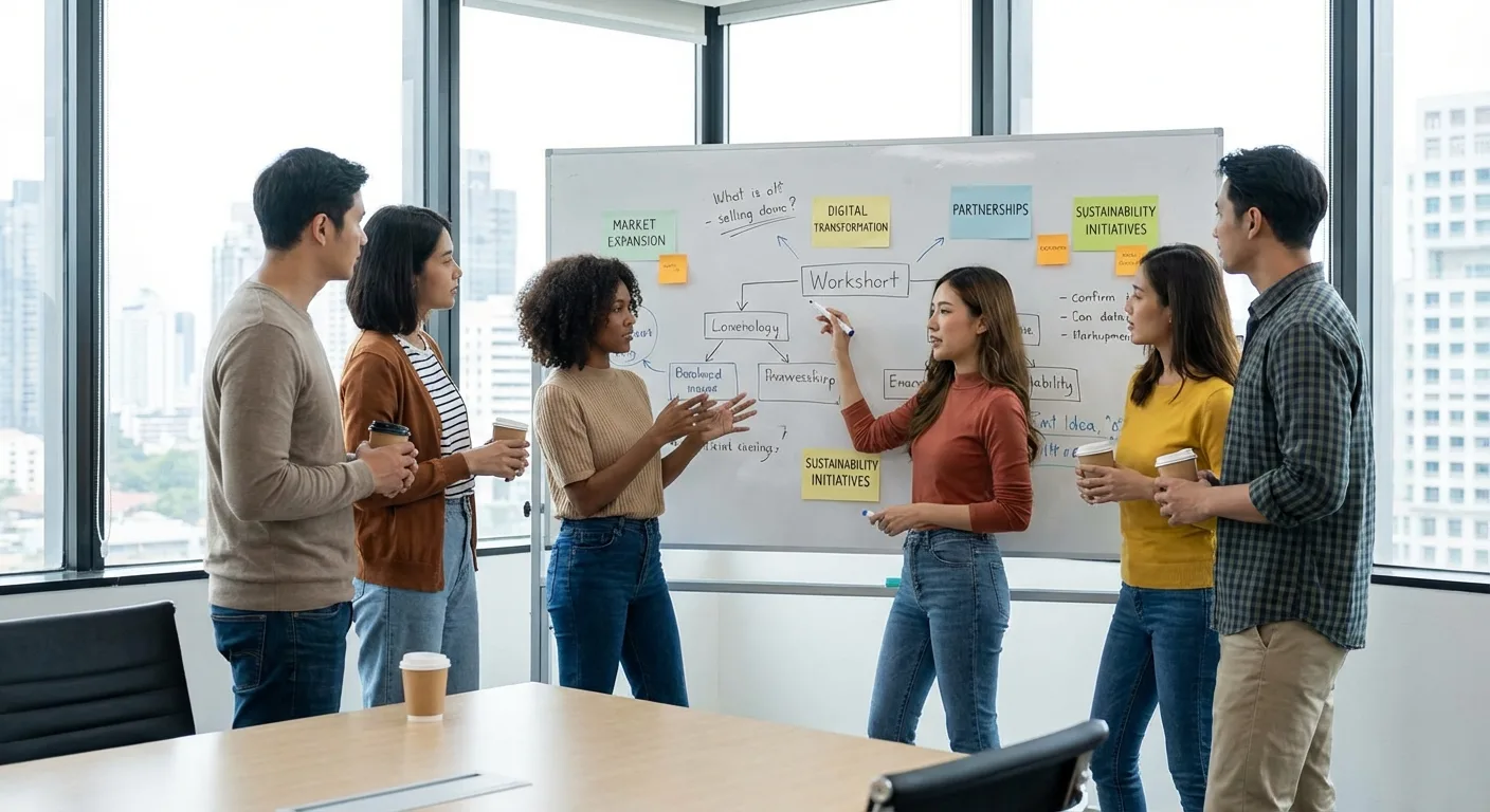 A team brainstorming different business strategies on a whiteboard.