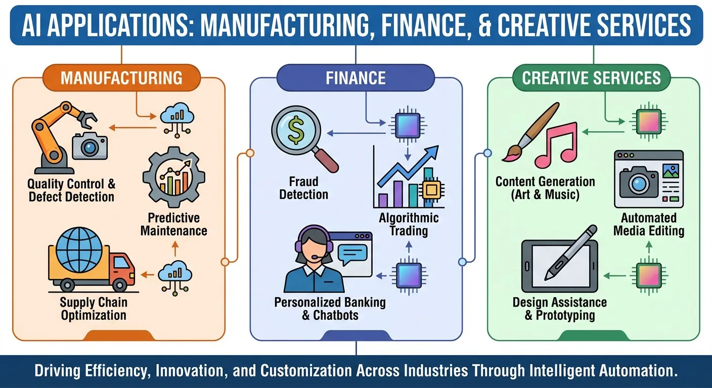 An infographic displaying AI applications in manufacturing, finance, and creative services.
