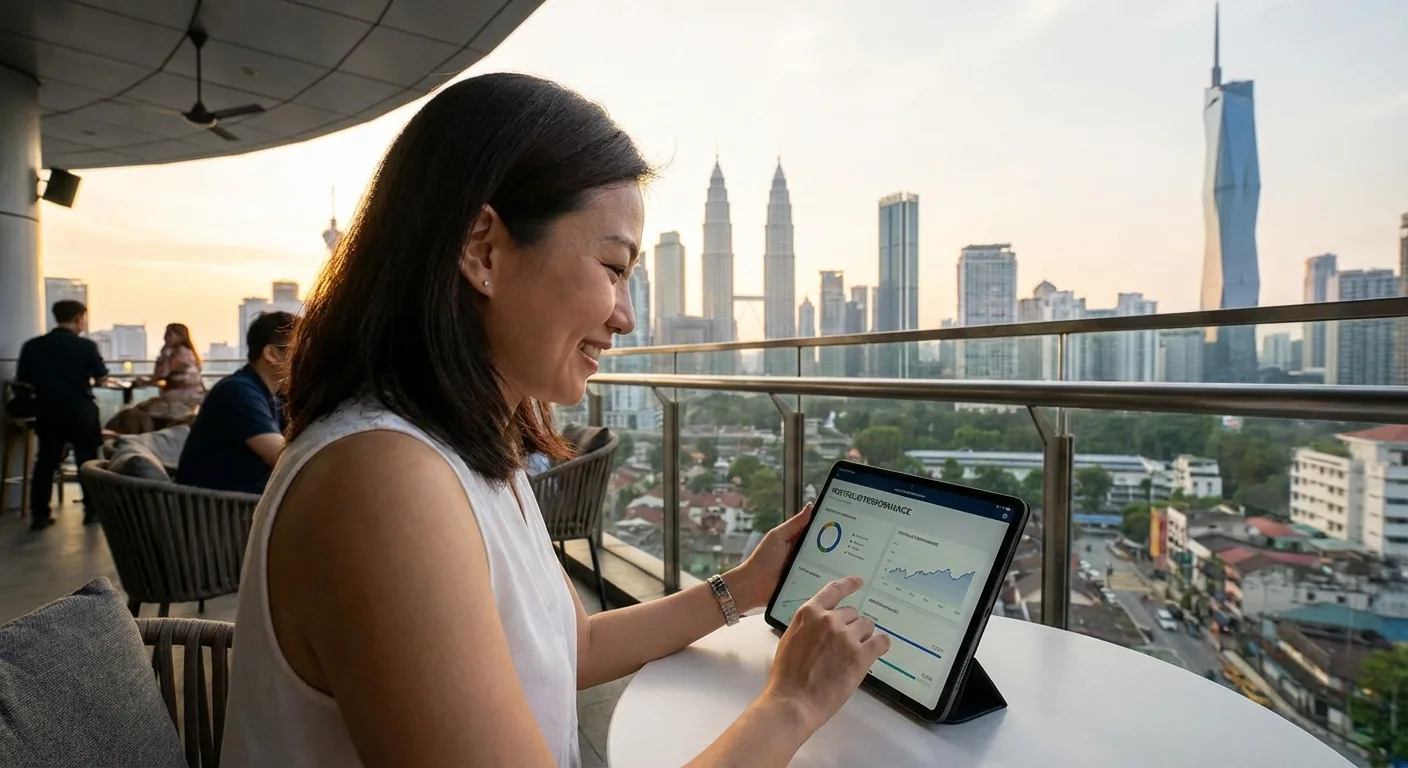 A person reviewing their investment portfolio on a tablet with the Kuala Lumpur skyline in the background.