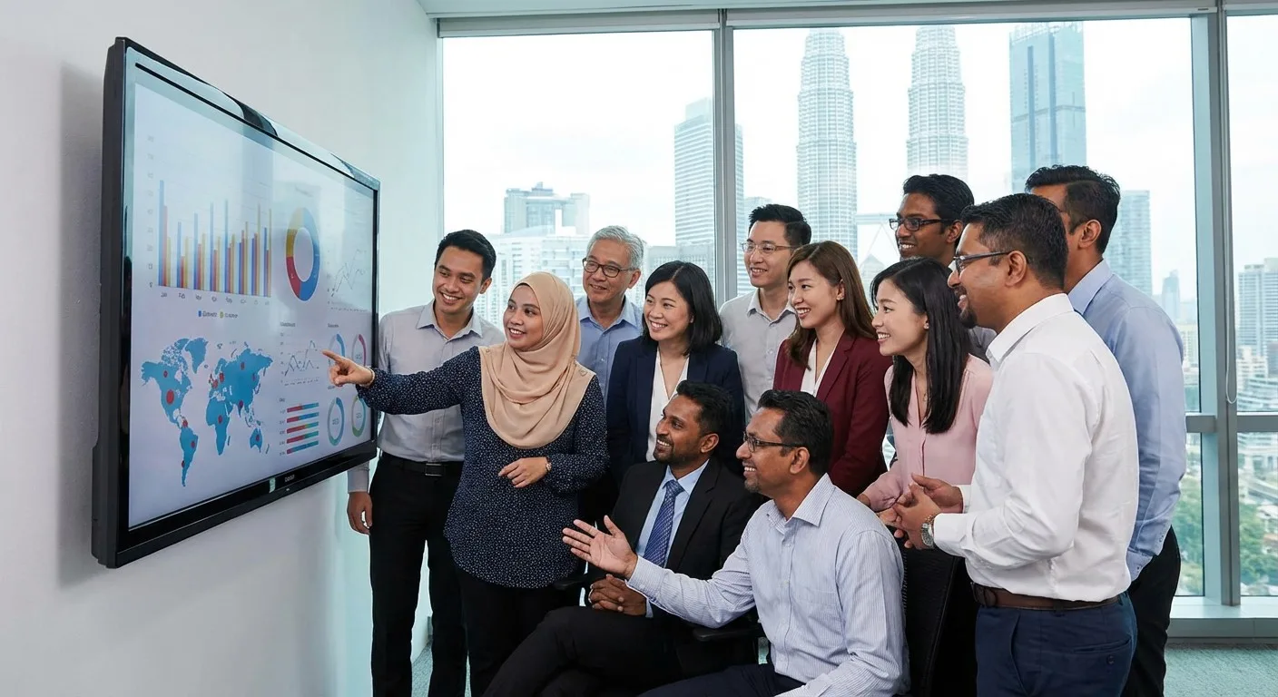 A team of Malaysian professionals collaborating around a screen displaying data.