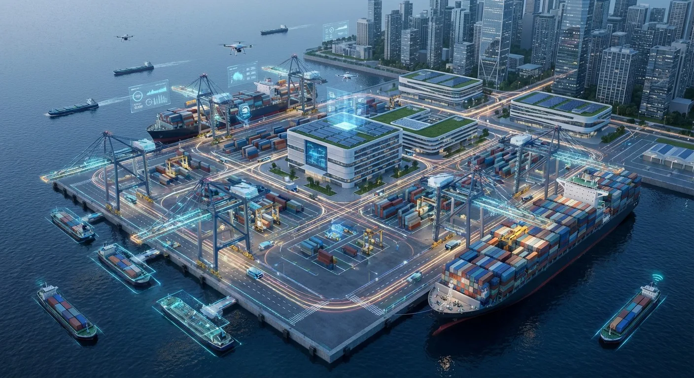 An aerial view of a modern, digitised shipping port.