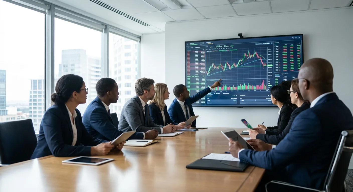 A group of investors reviewing financial charts on a screen.