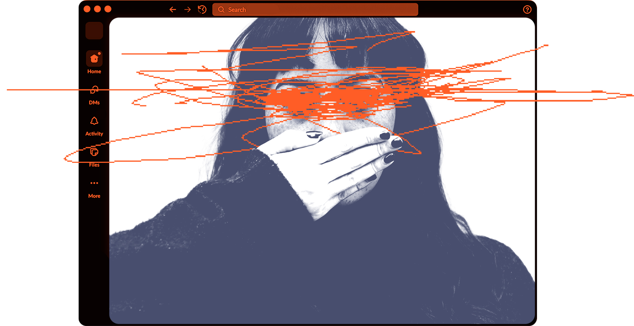 Female worker with her hand over her mouth in a Slack window.