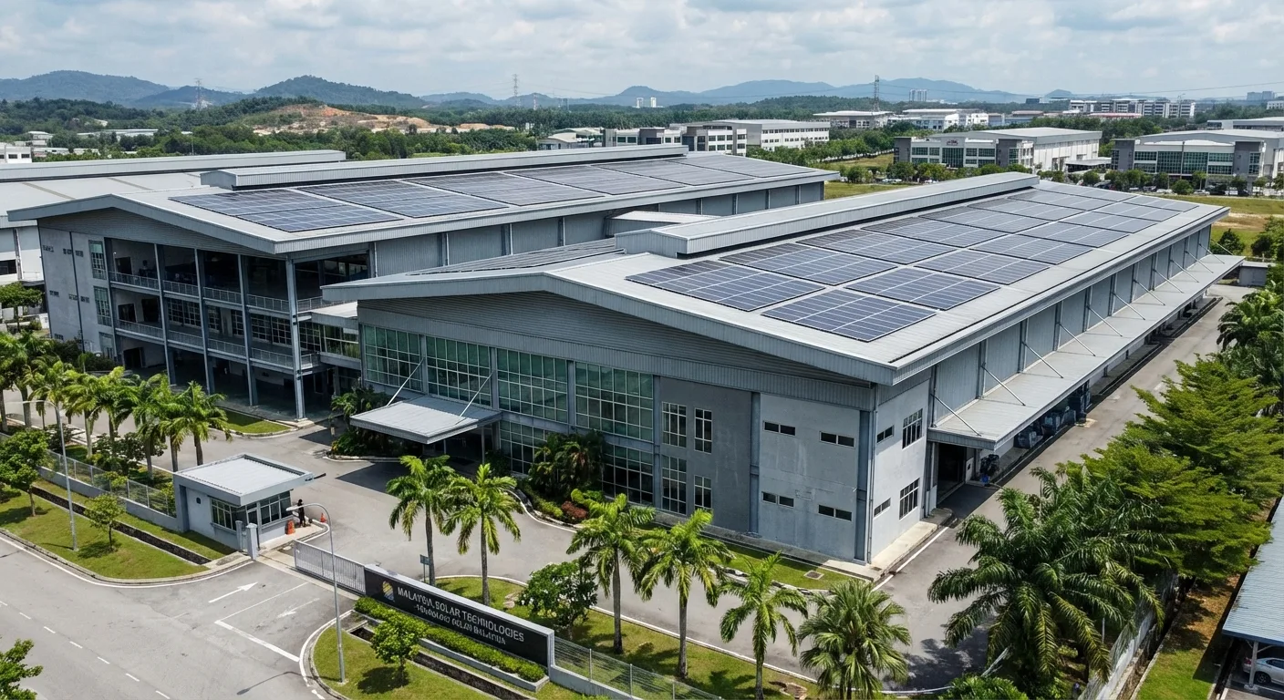 A modern Malaysian factory with solar panels on the roof.