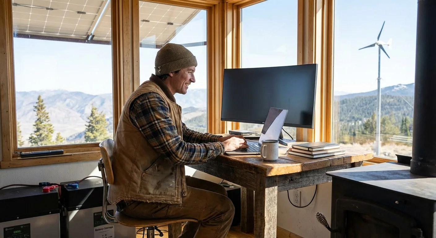 An entrepreneur working from their off-grid home office, powered by clean energy.