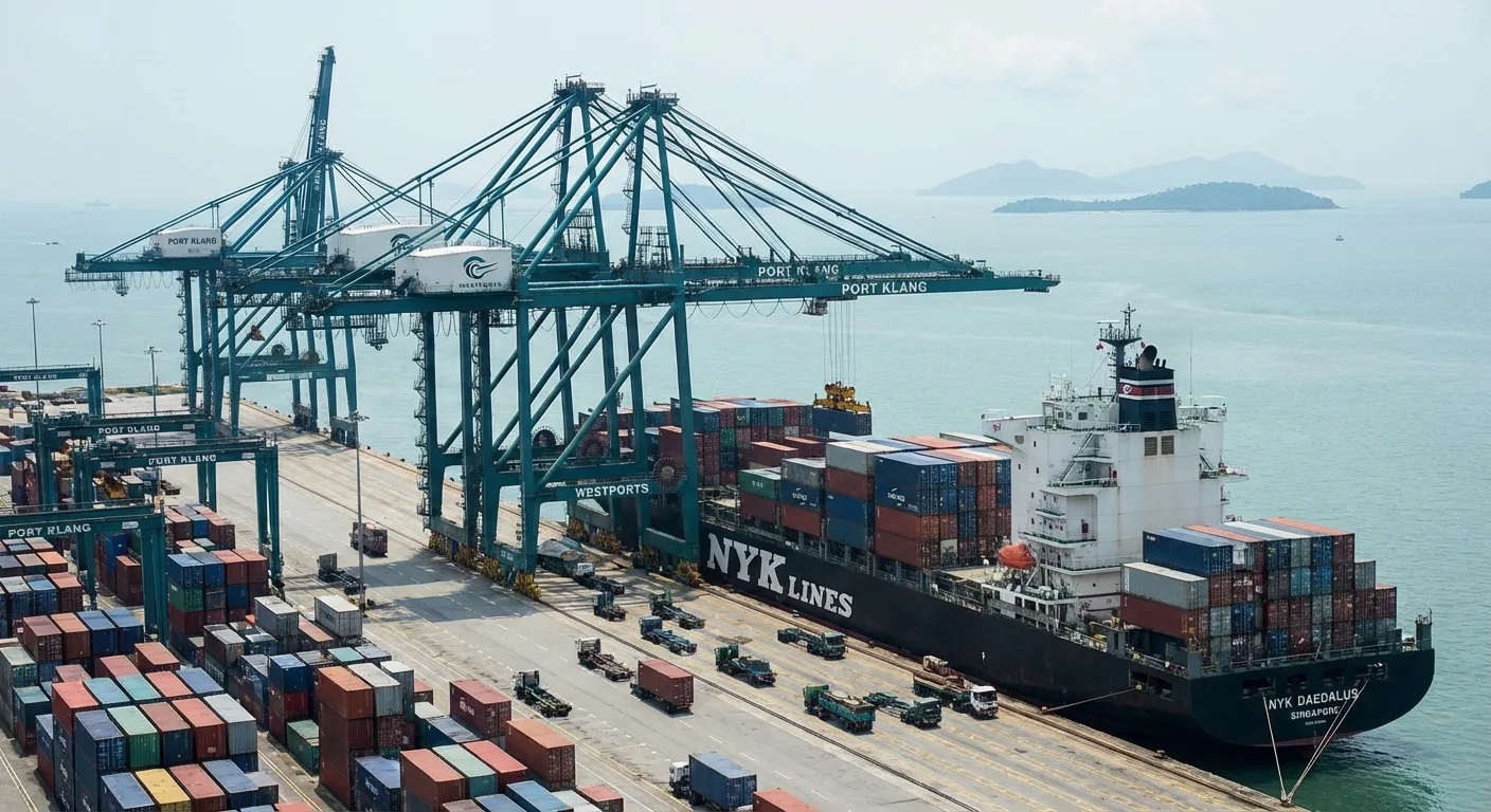 A cargo ship being loaded at Port Klang, Malaysia.