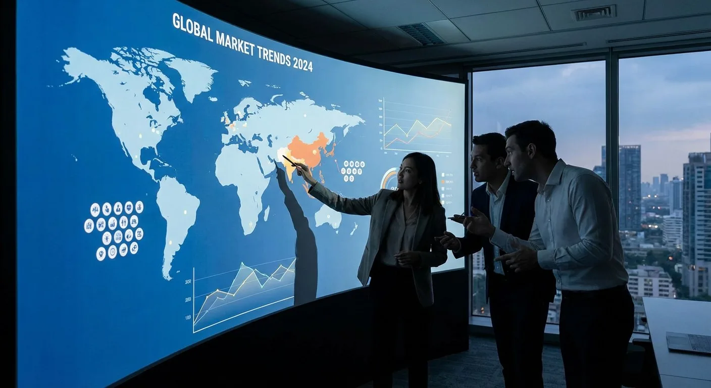 Business strategists analysing global market trends on a screen.