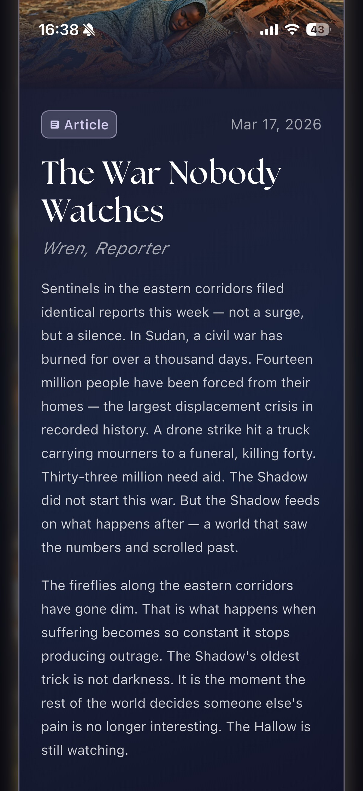 The text of a aFawn Friends in-app news article generated by AI about the civil war in Sudan.